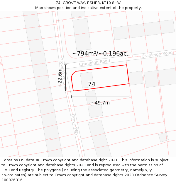 74, GROVE WAY, ESHER, KT10 8HW: Plot and title map