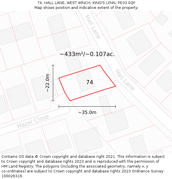 74, HALL LANE, WEST WINCH, KING'S LYNN, PE33 0QF: Plot and title map
