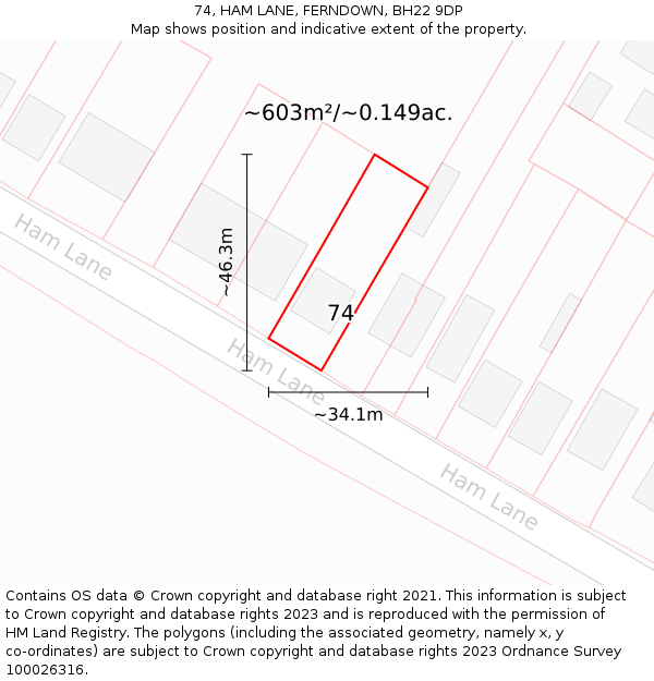 74, HAM LANE, FERNDOWN, BH22 9DP: Plot and title map