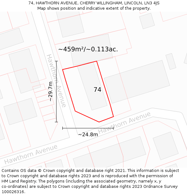 74, HAWTHORN AVENUE, CHERRY WILLINGHAM, LINCOLN, LN3 4JS: Plot and title map