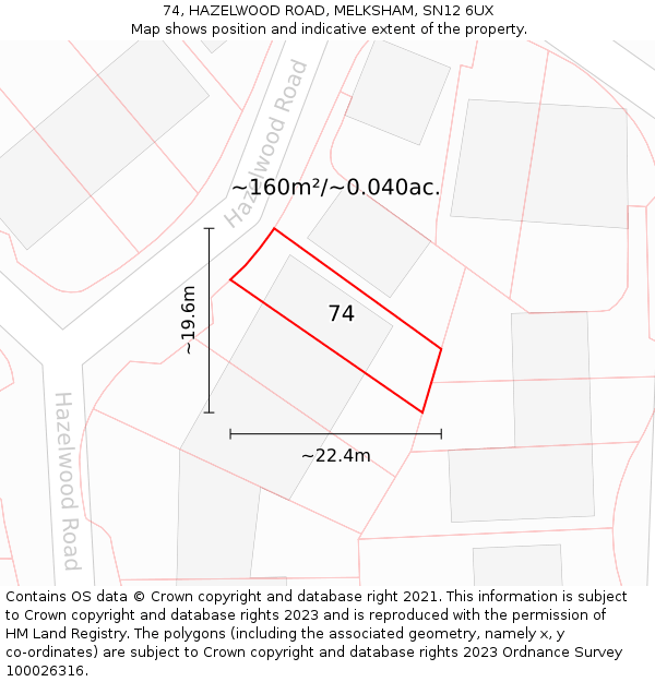 74, HAZELWOOD ROAD, MELKSHAM, SN12 6UX: Plot and title map