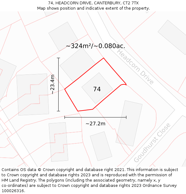 74, HEADCORN DRIVE, CANTERBURY, CT2 7TX: Plot and title map