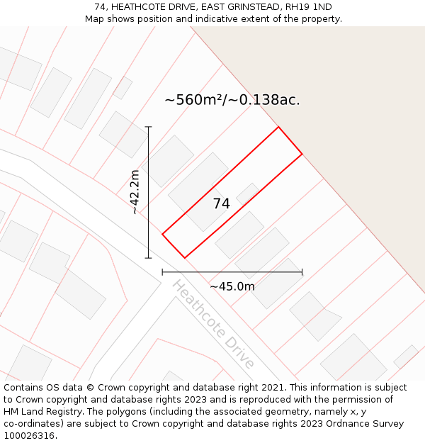 74, HEATHCOTE DRIVE, EAST GRINSTEAD, RH19 1ND: Plot and title map