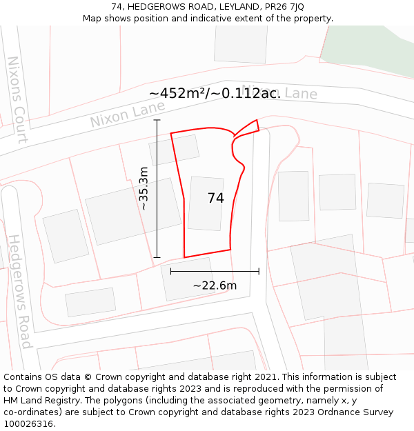 74, HEDGEROWS ROAD, LEYLAND, PR26 7JQ: Plot and title map