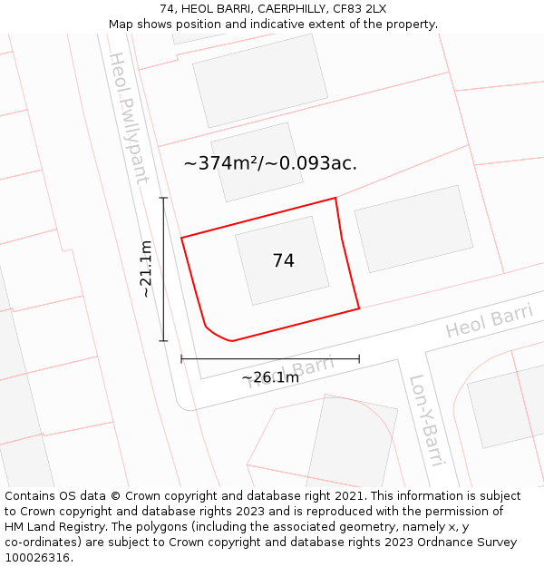 74, HEOL BARRI, CAERPHILLY, CF83 2LX: Plot and title map