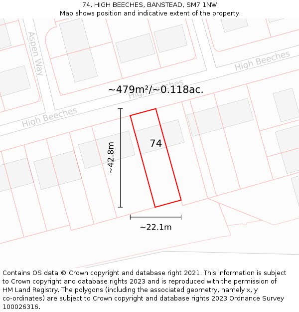 74, HIGH BEECHES, BANSTEAD, SM7 1NW: Plot and title map