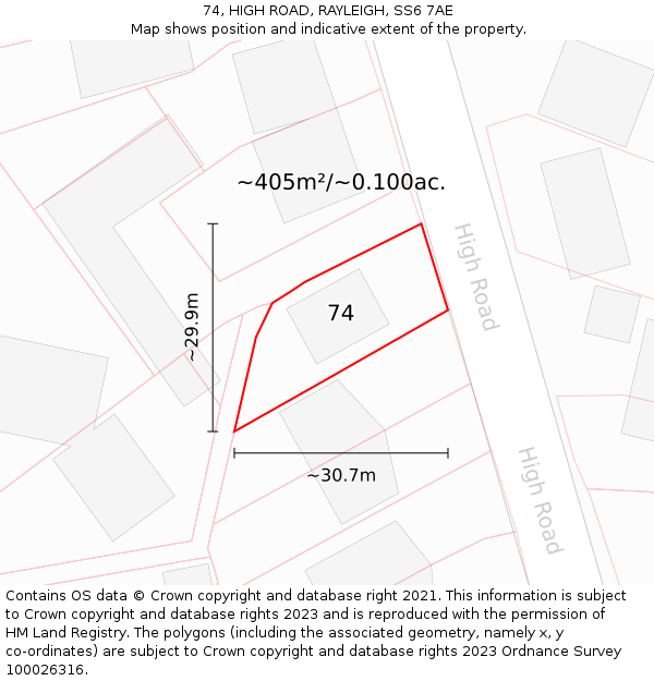 74, HIGH ROAD, RAYLEIGH, SS6 7AE: Plot and title map