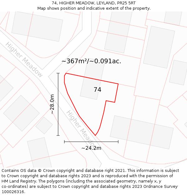 74, HIGHER MEADOW, LEYLAND, PR25 5RT: Plot and title map