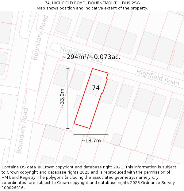 74, HIGHFIELD ROAD, BOURNEMOUTH, BH9 2SG: Plot and title map