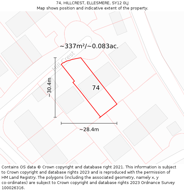 74, HILLCREST, ELLESMERE, SY12 0LJ: Plot and title map