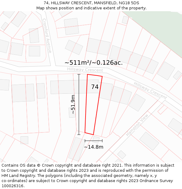 74, HILLSWAY CRESCENT, MANSFIELD, NG18 5DS: Plot and title map