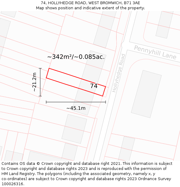 74, HOLLYHEDGE ROAD, WEST BROMWICH, B71 3AE: Plot and title map