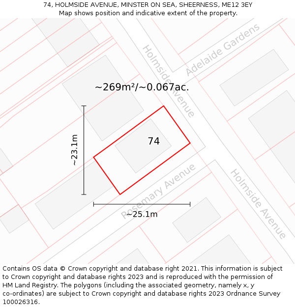 74, HOLMSIDE AVENUE, MINSTER ON SEA, SHEERNESS, ME12 3EY: Plot and title map