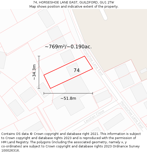 74, HORSESHOE LANE EAST, GUILDFORD, GU1 2TW: Plot and title map