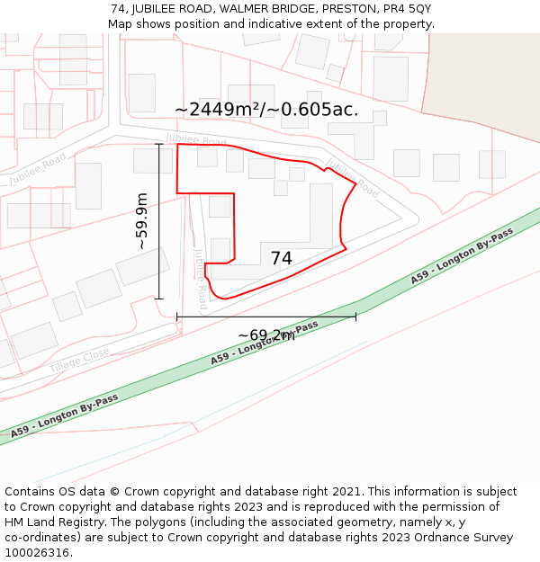 74, JUBILEE ROAD, WALMER BRIDGE, PRESTON, PR4 5QY: Plot and title map