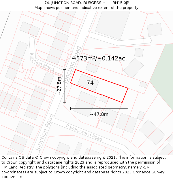 74, JUNCTION ROAD, BURGESS HILL, RH15 0JP: Plot and title map