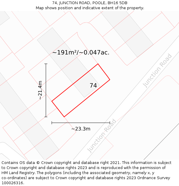 74, JUNCTION ROAD, POOLE, BH16 5DB: Plot and title map