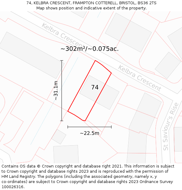 74, KELBRA CRESCENT, FRAMPTON COTTERELL, BRISTOL, BS36 2TS: Plot and title map