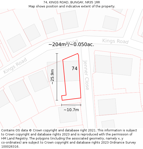 74, KINGS ROAD, BUNGAY, NR35 1RR: Plot and title map
