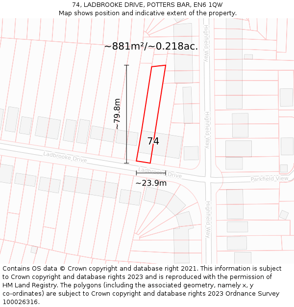 74, LADBROOKE DRIVE, POTTERS BAR, EN6 1QW: Plot and title map