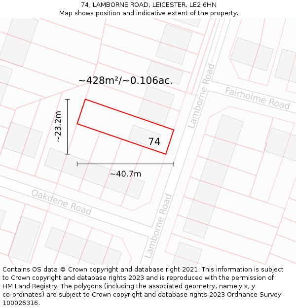 74, LAMBORNE ROAD, LEICESTER, LE2 6HN: Plot and title map