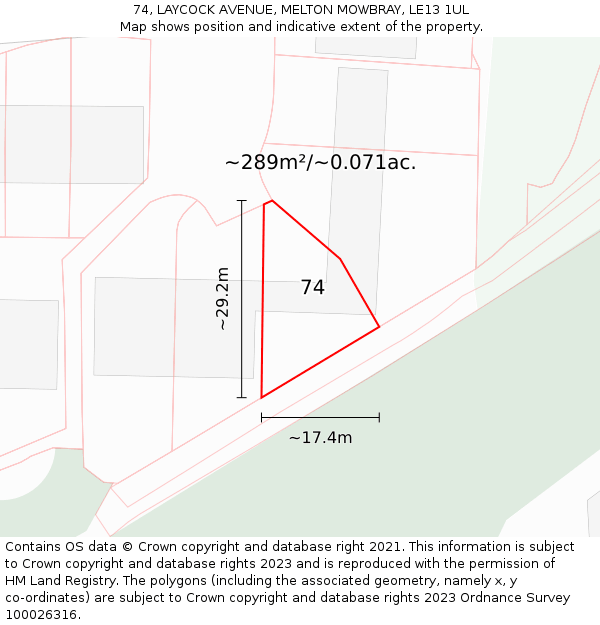 74, LAYCOCK AVENUE, MELTON MOWBRAY, LE13 1UL: Plot and title map