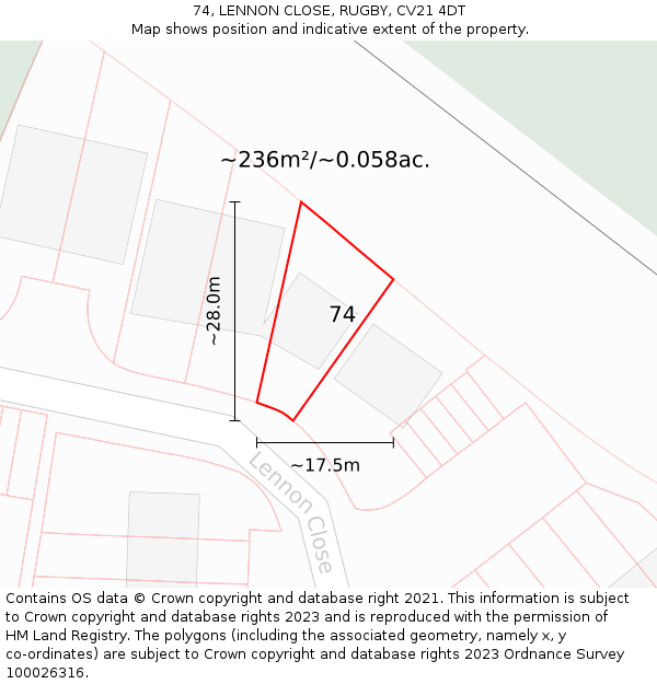 74, LENNON CLOSE, RUGBY, CV21 4DT: Plot and title map