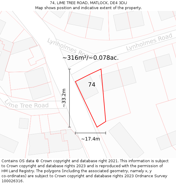 74, LIME TREE ROAD, MATLOCK, DE4 3DU: Plot and title map