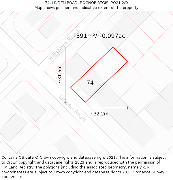 74, LINDEN ROAD, BOGNOR REGIS, PO21 2AY: Plot and title map