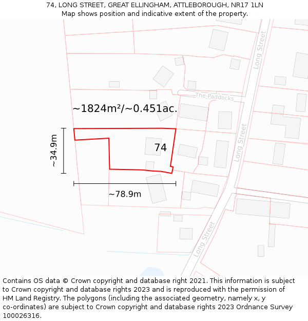 74, LONG STREET, GREAT ELLINGHAM, ATTLEBOROUGH, NR17 1LN: Plot and title map