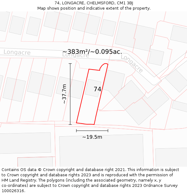 74, LONGACRE, CHELMSFORD, CM1 3BJ: Plot and title map