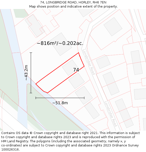 74, LONGBRIDGE ROAD, HORLEY, RH6 7EN: Plot and title map