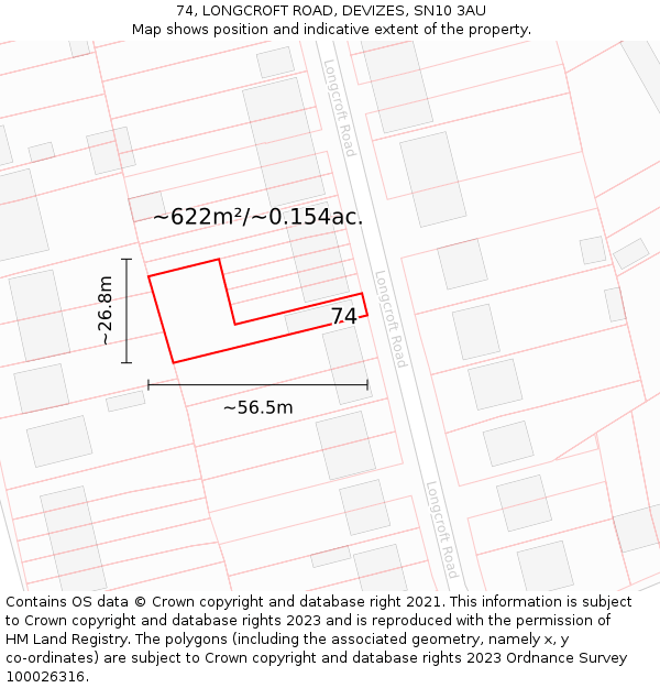 74, LONGCROFT ROAD, DEVIZES, SN10 3AU: Plot and title map