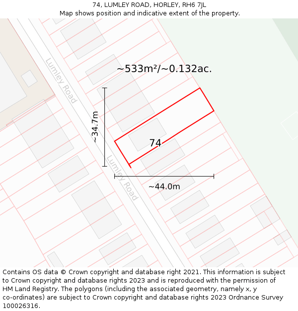 74, LUMLEY ROAD, HORLEY, RH6 7JL: Plot and title map