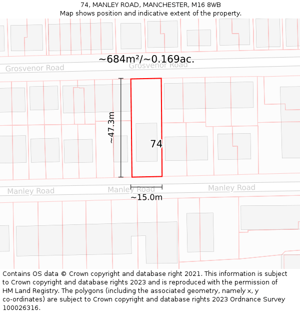 74, MANLEY ROAD, MANCHESTER, M16 8WB: Plot and title map