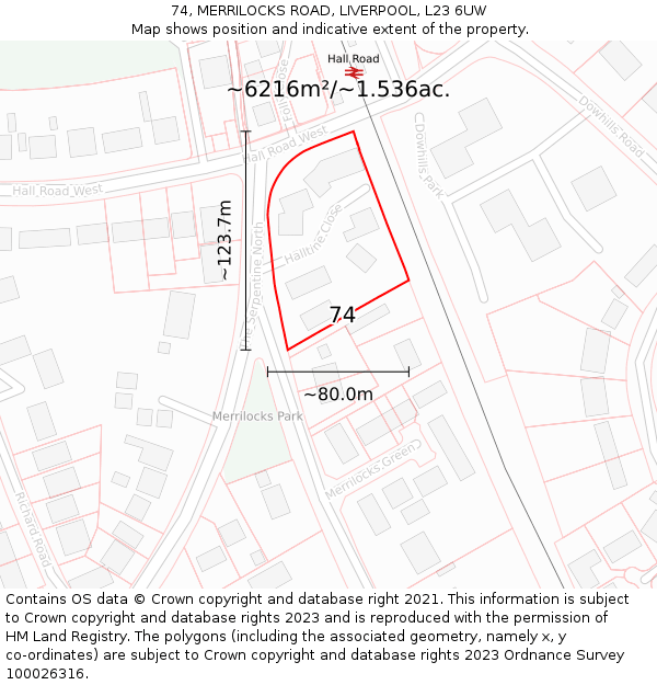 74, MERRILOCKS ROAD, LIVERPOOL, L23 6UW: Plot and title map