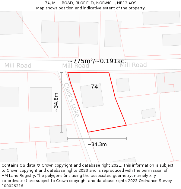 74, MILL ROAD, BLOFIELD, NORWICH, NR13 4QS: Plot and title map