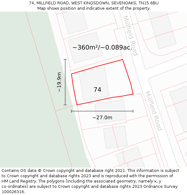 74, MILLFIELD ROAD, WEST KINGSDOWN, SEVENOAKS, TN15 6BU: Plot and title map