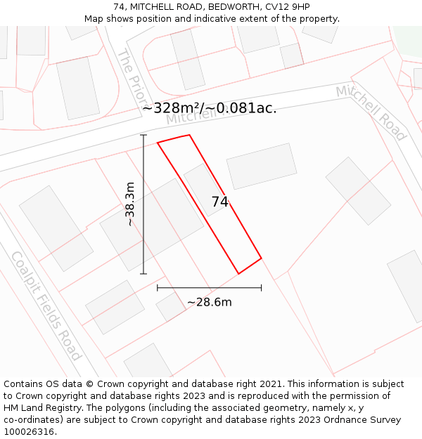 74, MITCHELL ROAD, BEDWORTH, CV12 9HP: Plot and title map