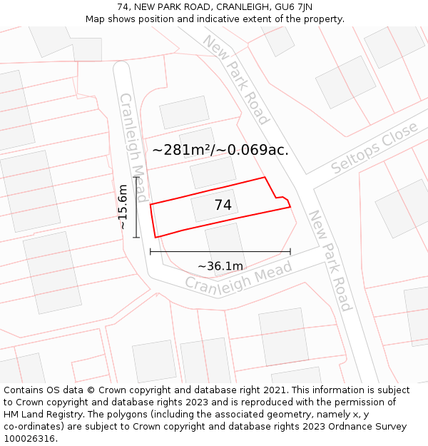 74, NEW PARK ROAD, CRANLEIGH, GU6 7JN: Plot and title map