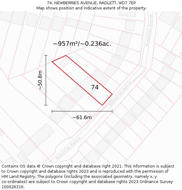 74, NEWBERRIES AVENUE, RADLETT, WD7 7EP: Plot and title map
