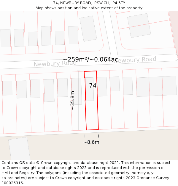 74, NEWBURY ROAD, IPSWICH, IP4 5EY: Plot and title map