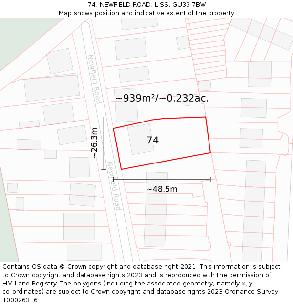 74, NEWFIELD ROAD, LISS, GU33 7BW: Plot and title map