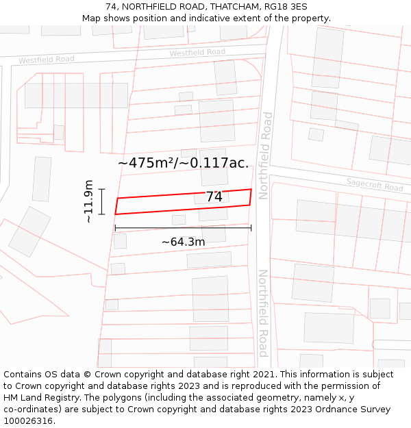 74, NORTHFIELD ROAD, THATCHAM, RG18 3ES: Plot and title map