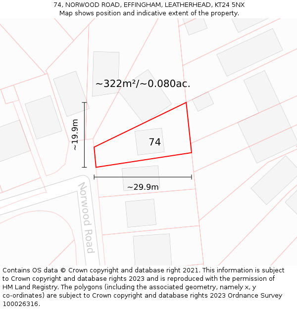 74, NORWOOD ROAD, EFFINGHAM, LEATHERHEAD, KT24 5NX: Plot and title map