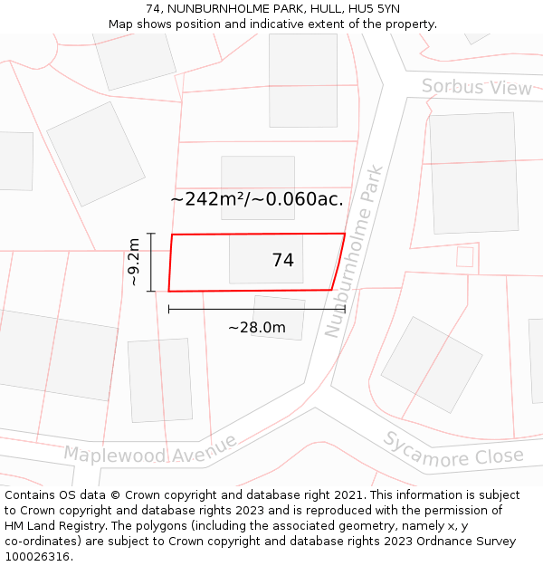 74, NUNBURNHOLME PARK, HULL, HU5 5YN: Plot and title map