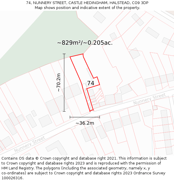 74, NUNNERY STREET, CASTLE HEDINGHAM, HALSTEAD, CO9 3DP: Plot and title map