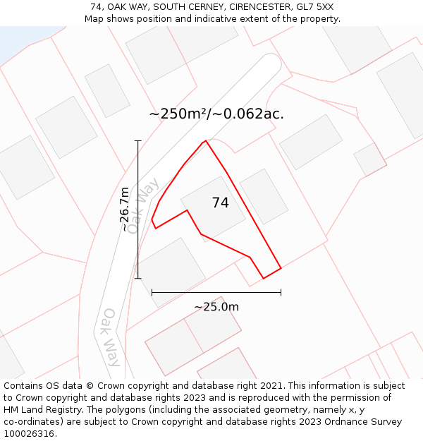 74, OAK WAY, SOUTH CERNEY, CIRENCESTER, GL7 5XX: Plot and title map