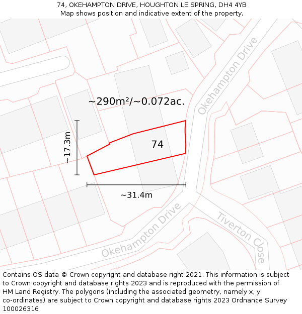 74, OKEHAMPTON DRIVE, HOUGHTON LE SPRING, DH4 4YB: Plot and title map