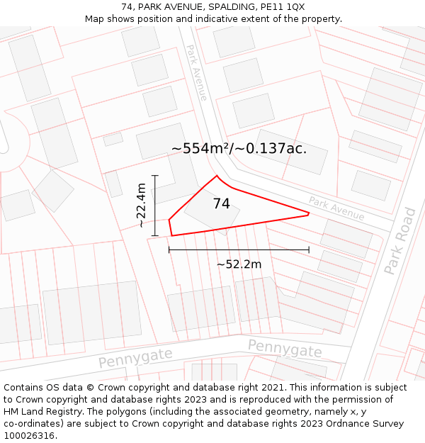 74, PARK AVENUE, SPALDING, PE11 1QX: Plot and title map